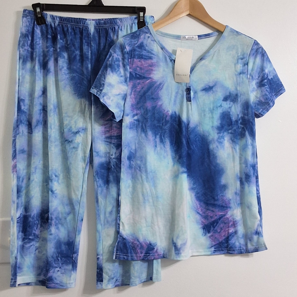 Ekouaer Women's Blue Tie Dye Pajama 2 Piece Pajama Set, Size Small, New With Tag